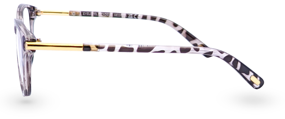 Eyelevel-UK Georgia reading glasses with pink and black patterned plastic frames and gold-tone metal temples.
