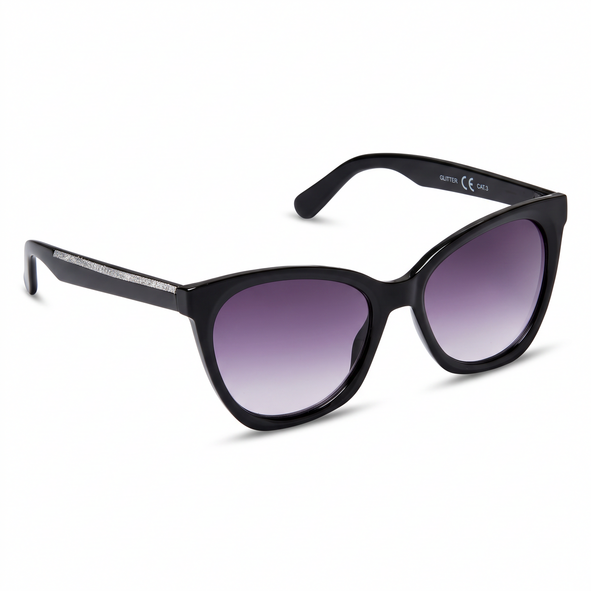 Eyelevel-UK Glitter cat-eye fashion sunglasses in black with silver glitter detail and grey gradient lenses.