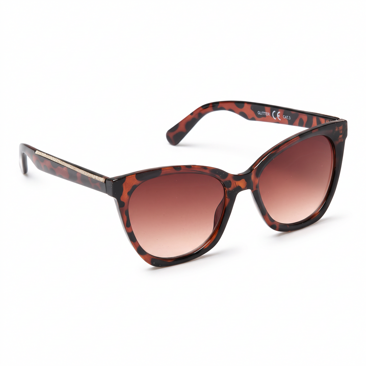 Eyelevel-UK Glitter cat-eye fashion sunglasses in brown tortoiseshell with gold accents and brown gradient lenses.