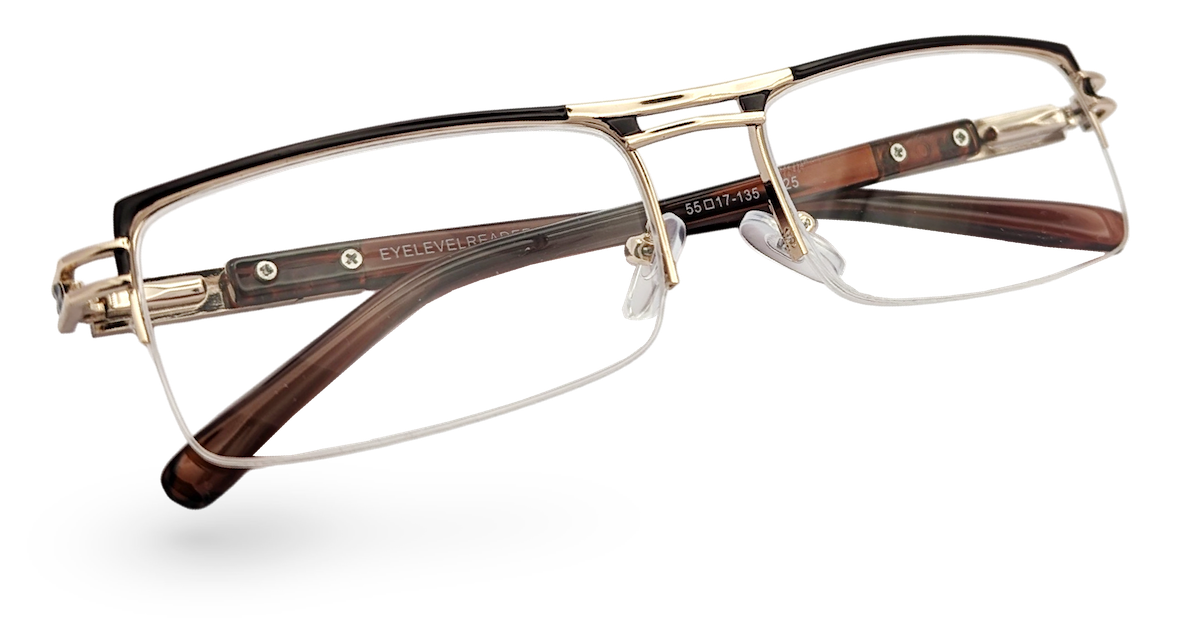 Eyelevel-UK Sovereign gold and brown semi-rimless rectangular reading glasses with clear magnifying lenses.