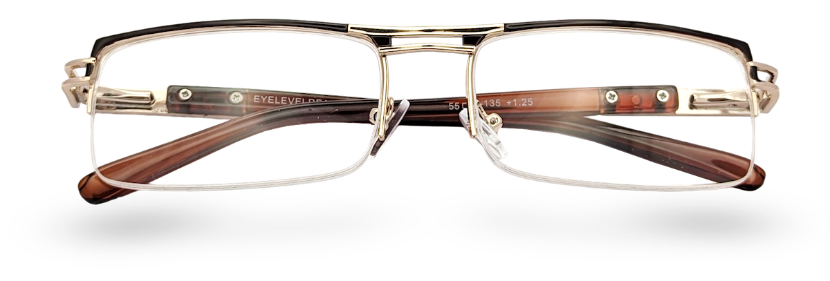 Eyelevel-UK Sovereign gold and brown semi-rimless rectangular reading glasses with clear magnifying lenses.