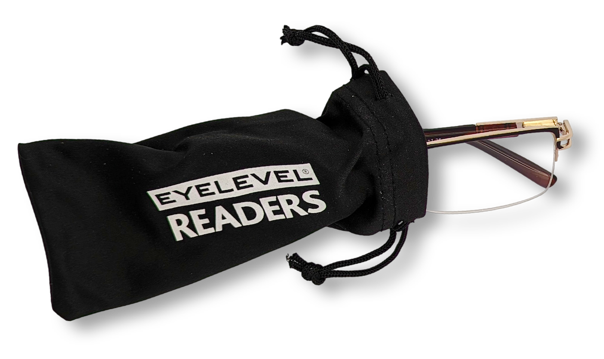 Eyelevel-UK Sovereign gold semi-rimless reading glasses partially inside a black branded drawstring pouch