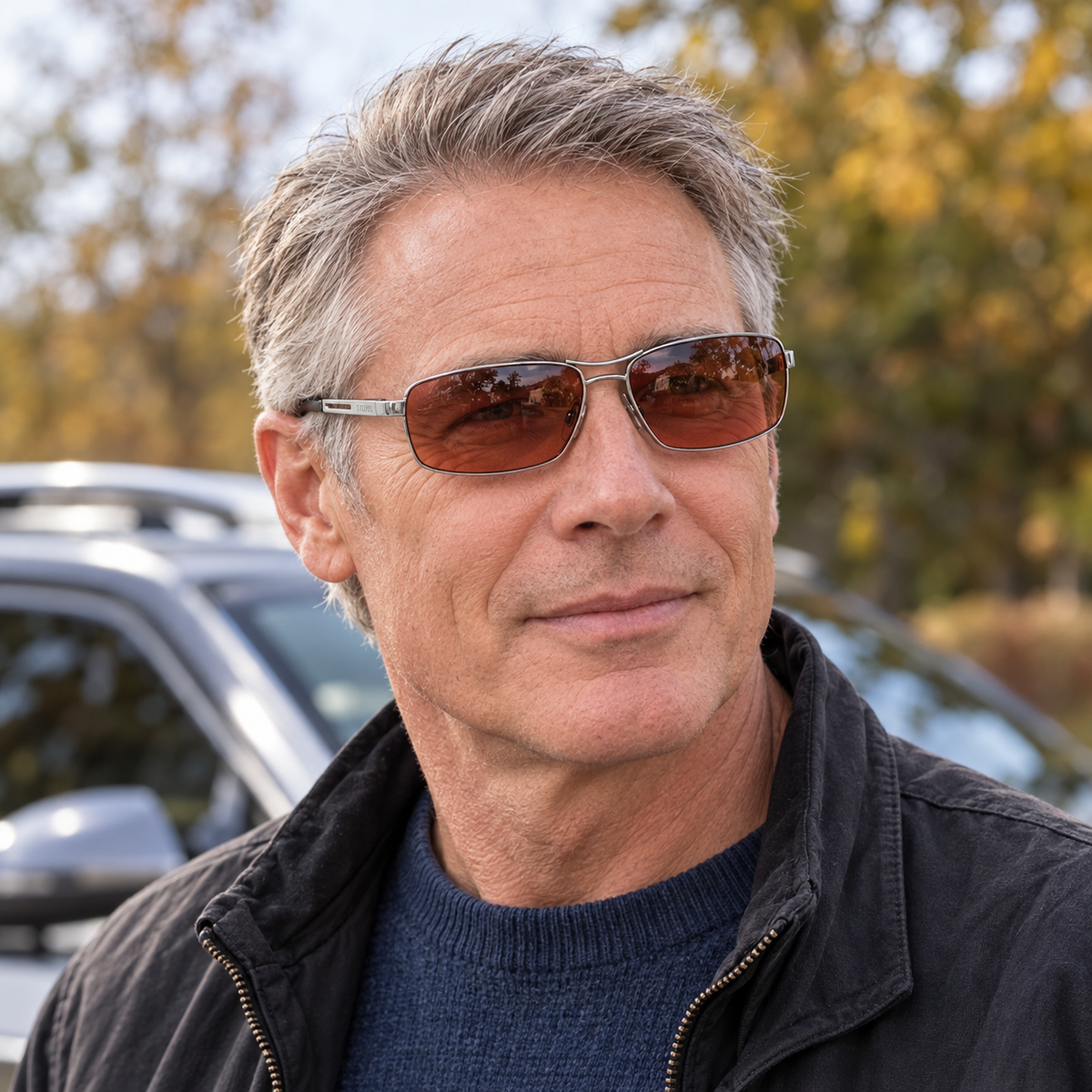 Eyelevel-UK Grand Prix driving sunglasses with silver frames and high density copper lenses worn by a mature man.