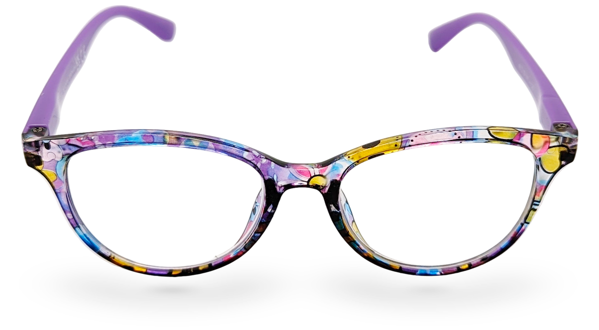 Eyelevel-UK Grenada reading glasses with a colourful lilac and yellow patterned frame and purple temples.