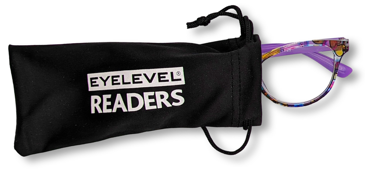 Eyelevel-UK Grenada reading glasses with lilac and yellow patterned frames peeking out of a black branded pouch