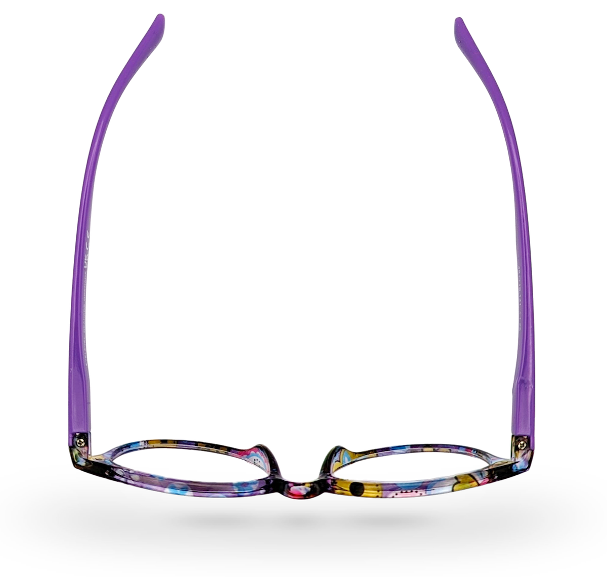 Eyelevel-UK Grenada reading glasses with lilac temples and a colourful patterned square frame viewed from above