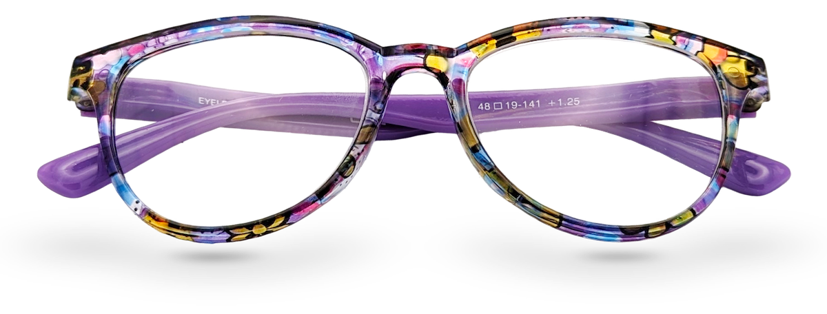 Eyelevel-UK Grenada reading glasses with a colourful lilac and yellow patterned frame and clear magnifying lenses.