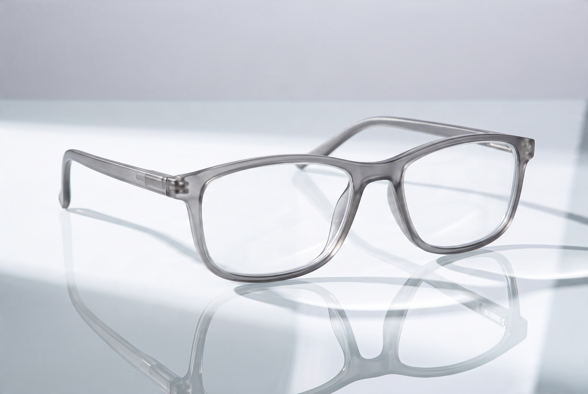 Eyelevel-UK Cambridge grey rectangular reading glasses with clear magnifying lenses on a reflective surface.