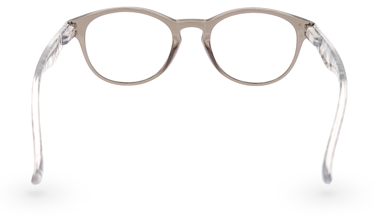 Eyelevel-UK Haiti reading glasses with a grey and white softly squared plastic frame and clear magnifying lenses.