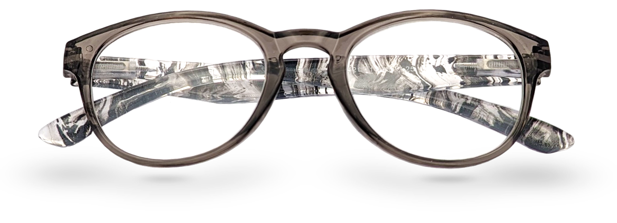 Eyelevel-UK Haiti reading glasses with a grey and white marbled plastic frame and clear magnifying lenses