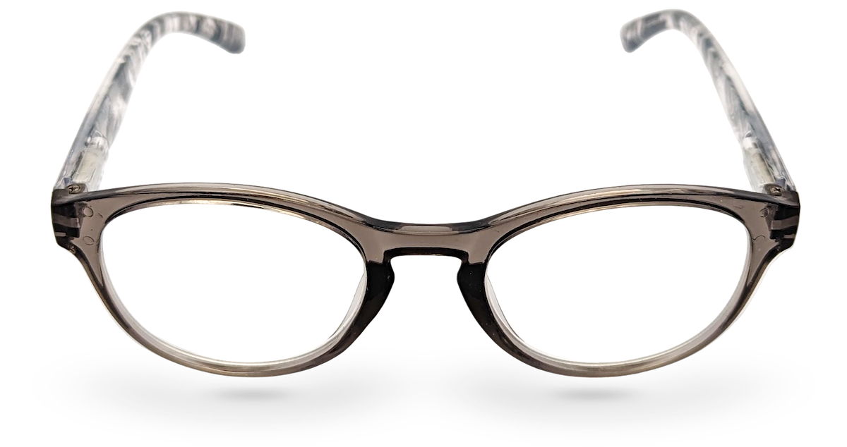 Eyelevel-UK Haiti reading glasses with a grey and white softly squared plastic frame and clear magnifying lenses.