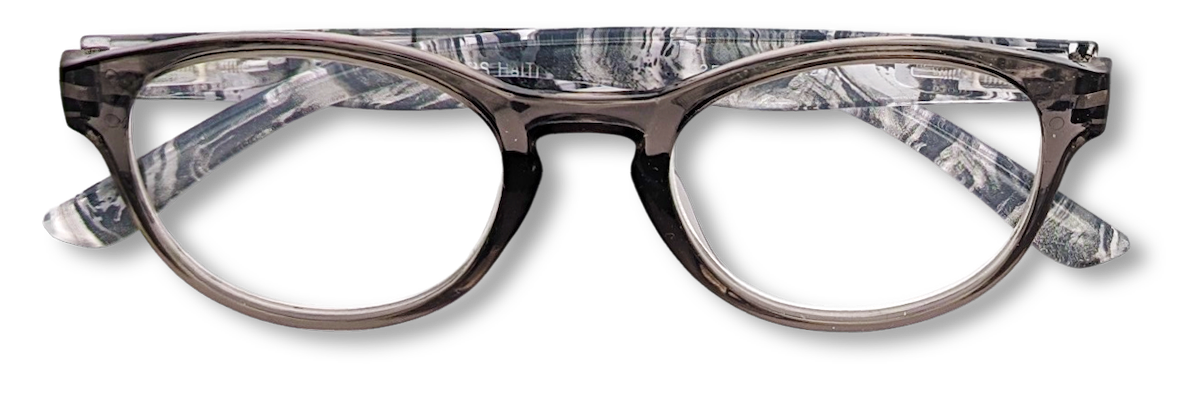 Eyelevel-UK Haiti reading glasses with a softly squared grey and white patterned plastic frame and clear lenses.