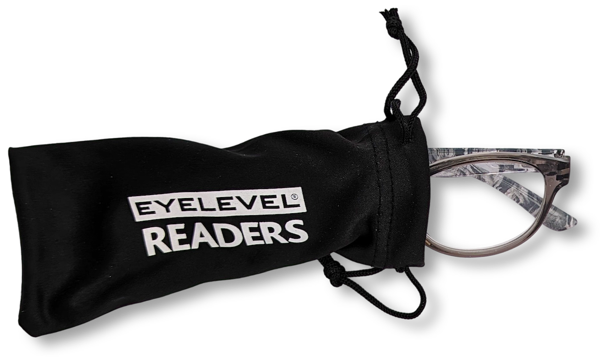 Eyelevel-UK Haiti reading glasses with grey and white patterned frames inside a black branded drawstring pouch