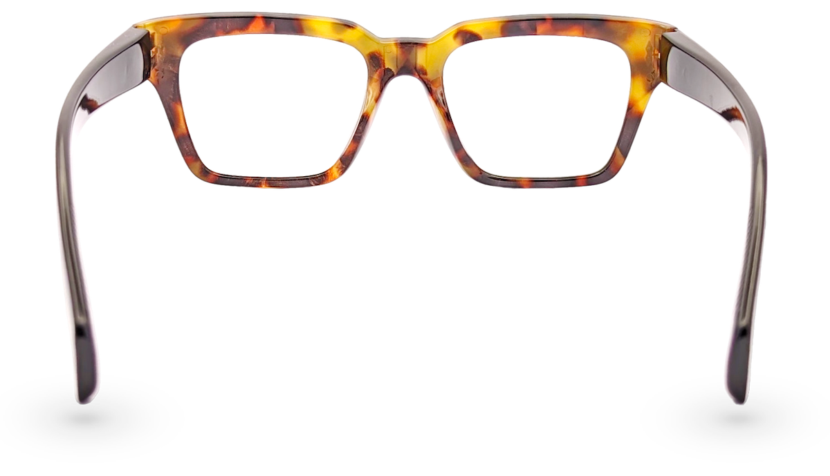 Eyelevel-UK Havana reading glasses featuring a brown tortoiseshell square plastic frame seen from the back