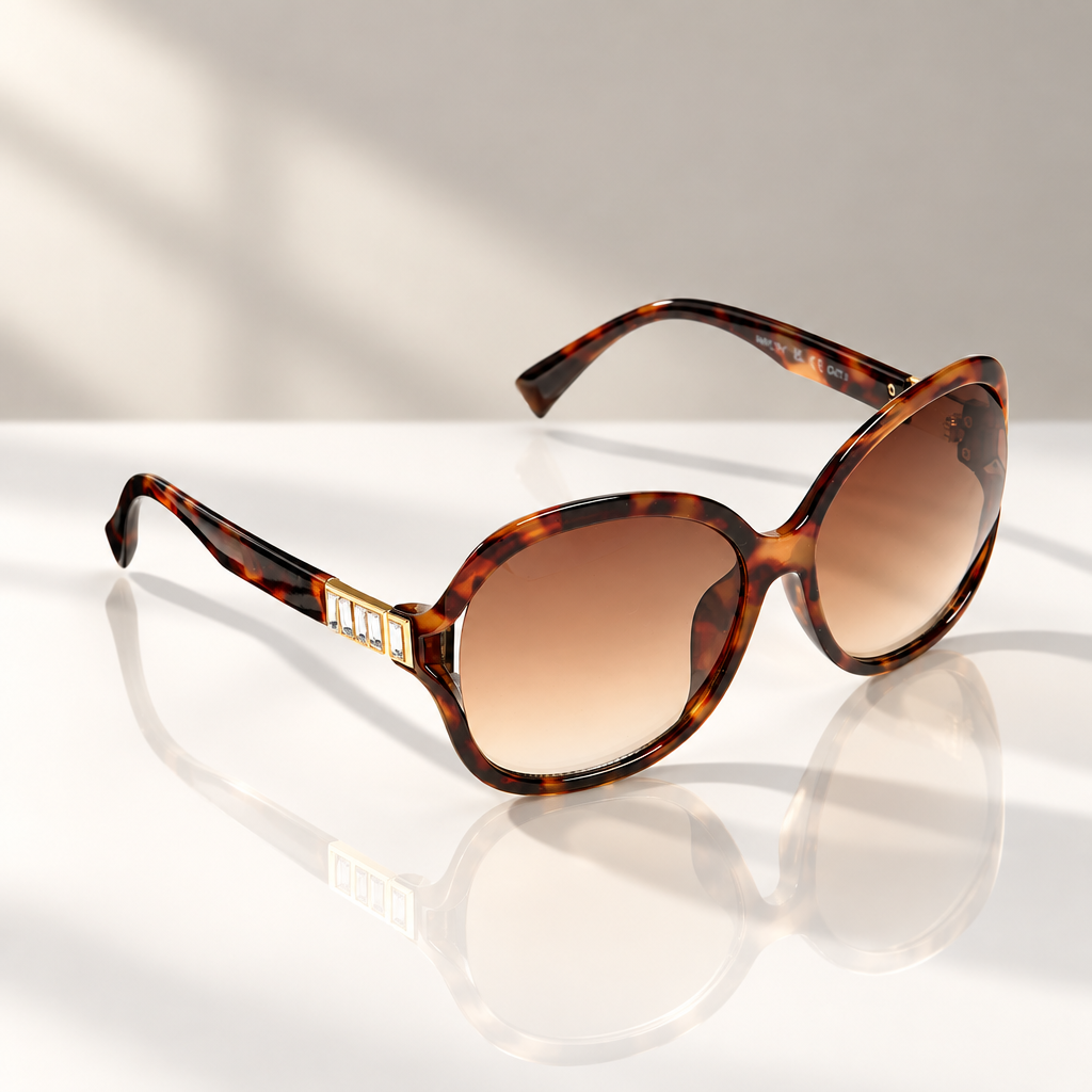 Eyelevel-UK Hayley oversized tortoiseshell sunglasses with gold accents, stone detailing, and brown gradient lenses.