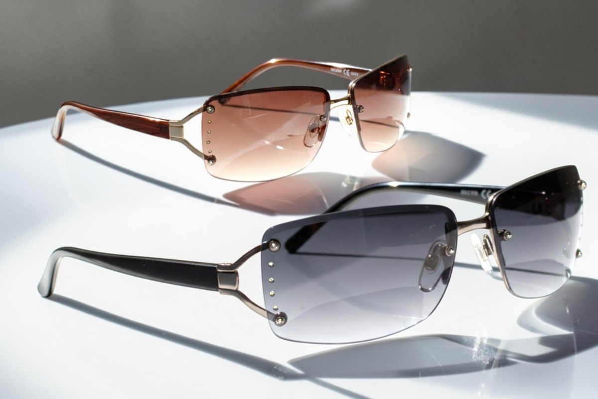 Eyelevel-UK Helena semi-rimless ladies sunglasses with stone detailing, available in gold-brown and gun-black frames.