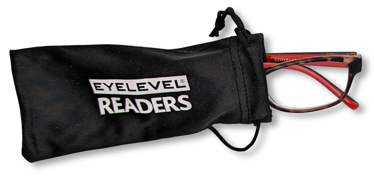 Eyelevel-UK Helsinki reading glasses with tortoiseshell rectangular frames peeking out of a black branded pouch.