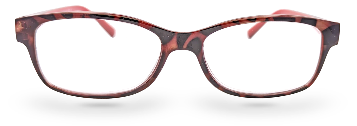 Eyelevel-UK Helsinki rectangular reading glasses with a brown tortoiseshell plastic frame and clear magnifying lenses.