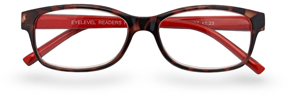 Eyelevel-UK Helsinki reading glasses with a brown tortoiseshell rectangular plastic frame and red inner temples