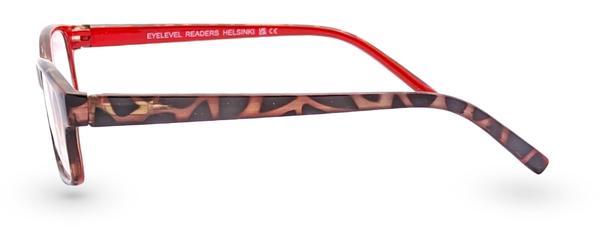 Eyelevel-UK Helsinki reading glasses with a brown tortoiseshell rectangular frame and red inner temple arms