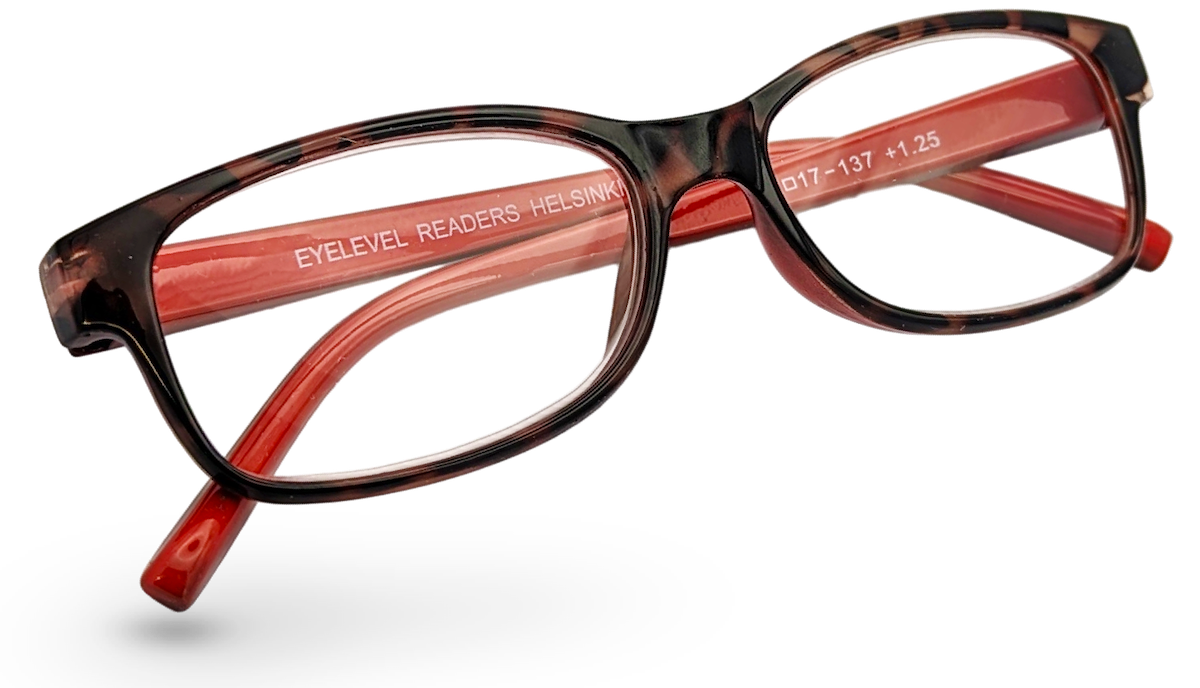 Eyelevel-UK Helsinki reading glasses with a brown tortoiseshell rectangular plastic frame and clear magnifying lenses.