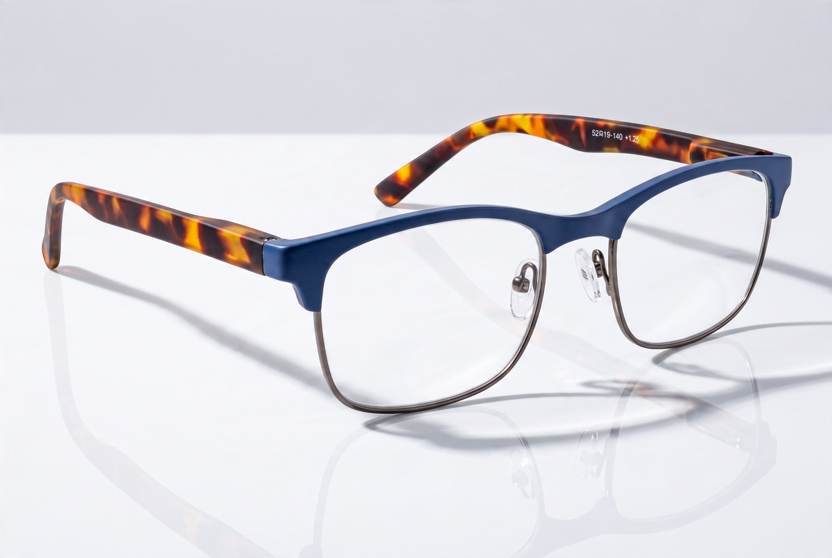 Eyelevel-UK Henley reading glasses with a blue and tortoiseshell rectangular frame on a reflective white surface.