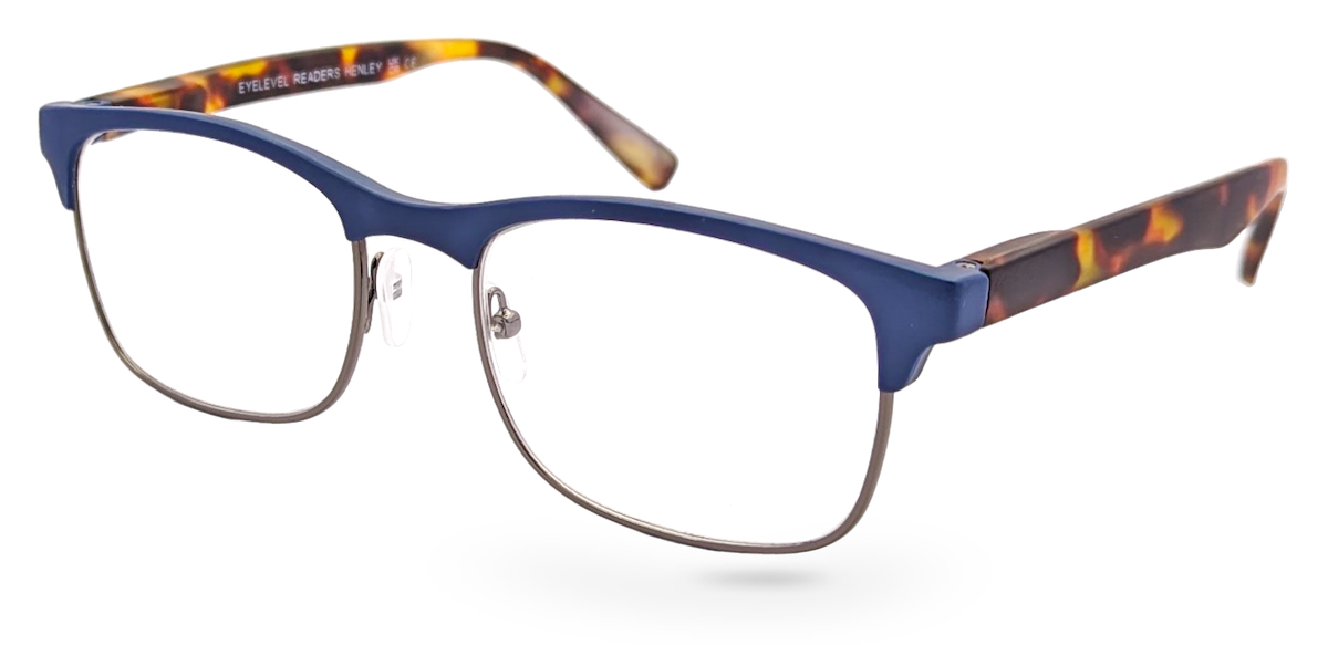 Eyelevel-UK Henley reading glasses featuring a blue and tortoiseshell rectangular frame with clear magnifying lenses.