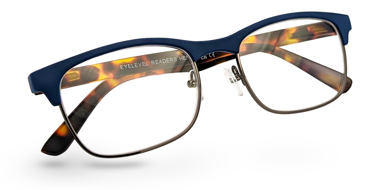 Eyelevel-UK Henley reading glasses with a blue and tortoiseshell rectangular frame and clear magnifying lenses