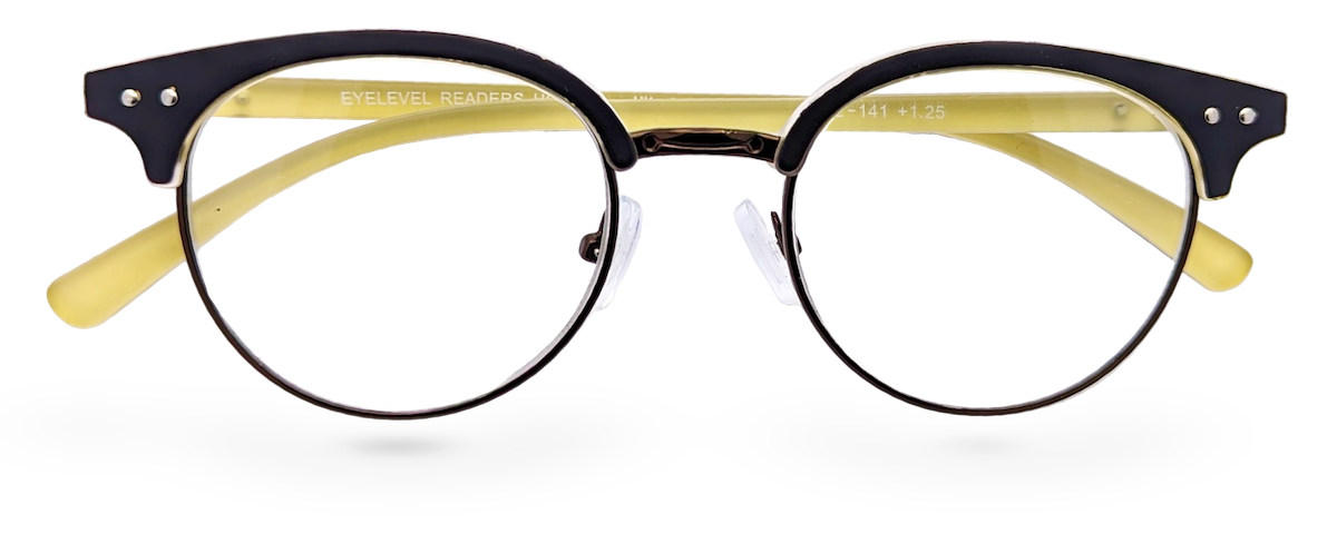Eyelevel-UK Honduras reading glasses with a black oval frame and clear magnifying lenses on a white background