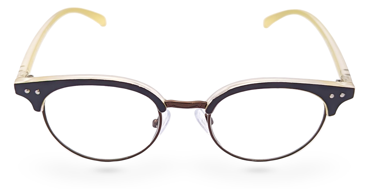 Eyelevel-UK Honduras reading glasses with a black and gold oval frame and clear magnifying lenses.