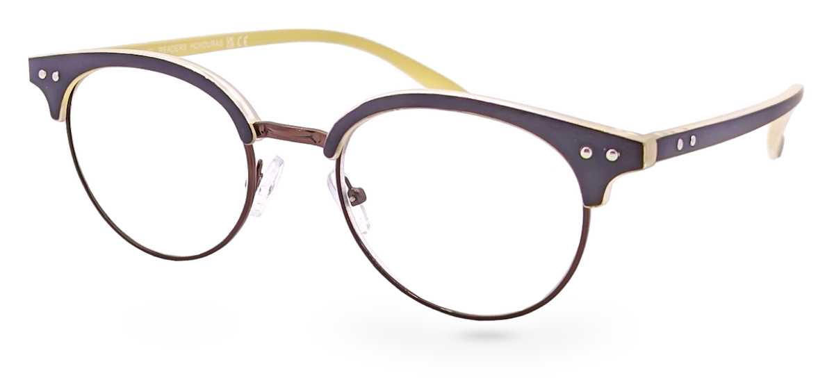 Eyelevel-UK Honduras reading glasses with a black and gold oval frame and clear magnifying lenses.