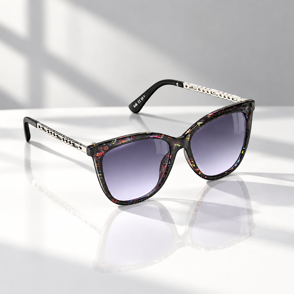 Eyelevel-UK Hope square sunglasses in floral black and silver with grey gradient lenses and detailed metal arms