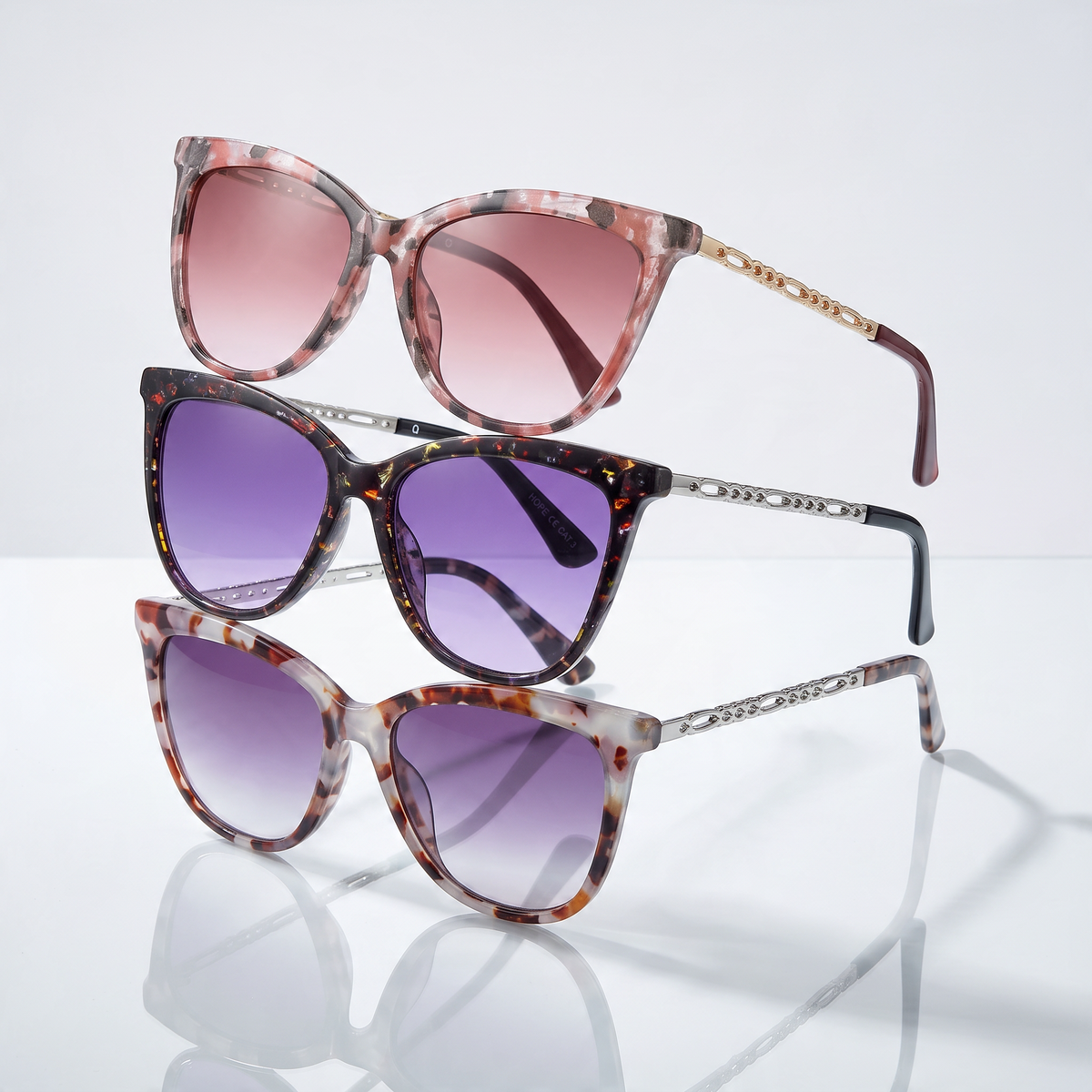 Eyelevel-UK Hope square ladies fashion sunglasses in three different tortoiseshell and floral frame colourways.