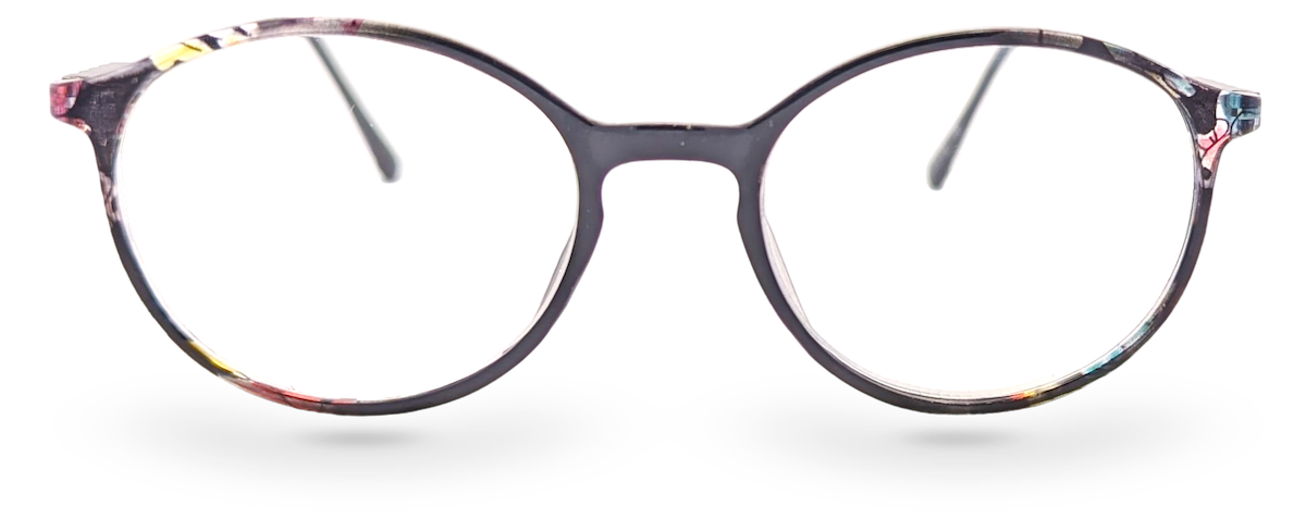 Eyelevel-UK Idaho reading glasses with a round metal frame featuring a dark floral pattern on a white background.