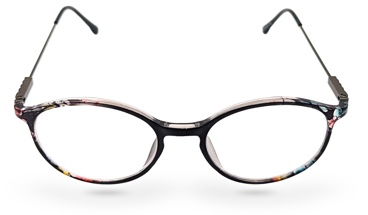 Eyelevel-UK Idaho reading glasses with a silver oval frame and floral patterned rims on a white background