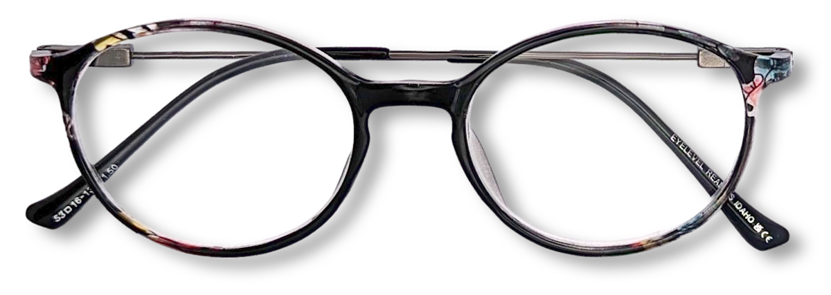 Eyelevel-UK Idaho reading glasses with a patterned oval frame and clear magnifying lenses for close-up reading.