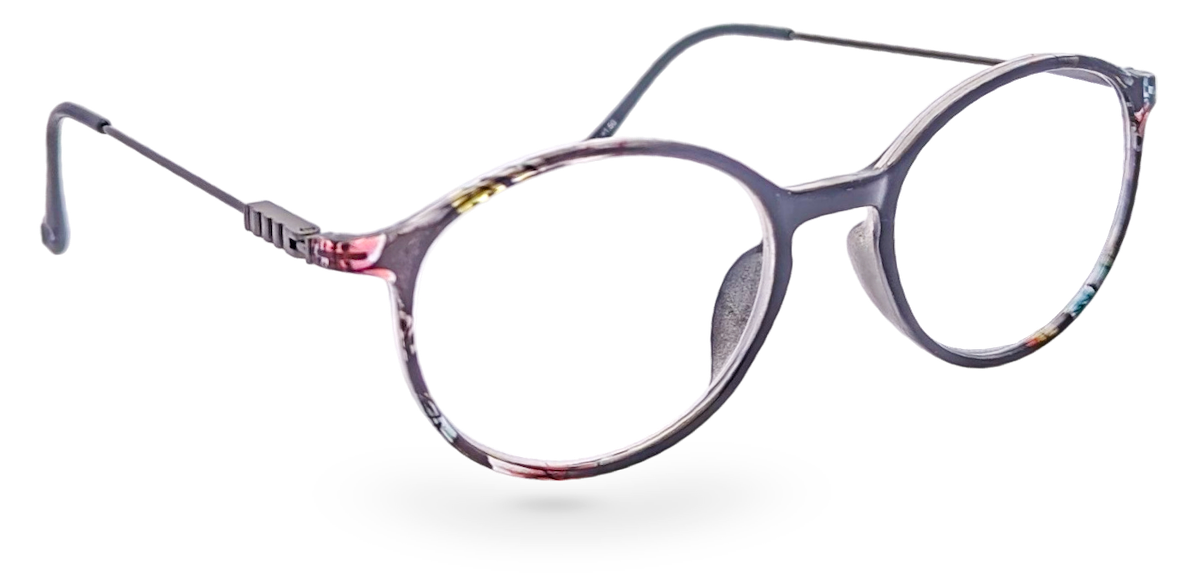 Eyelevel-UK Idaho reading glasses with a patterned oval frame and clear magnifying lenses on a white background