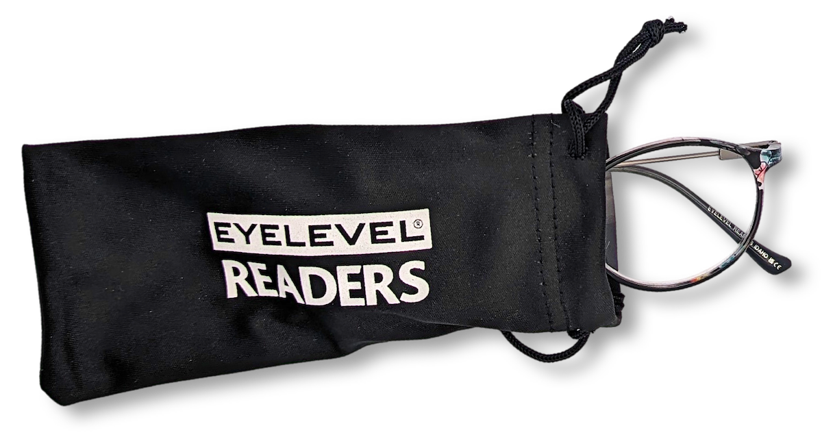 Eyelevel-UK Idaho reading glasses partially inside a black branded protective pouch with drawstring closure