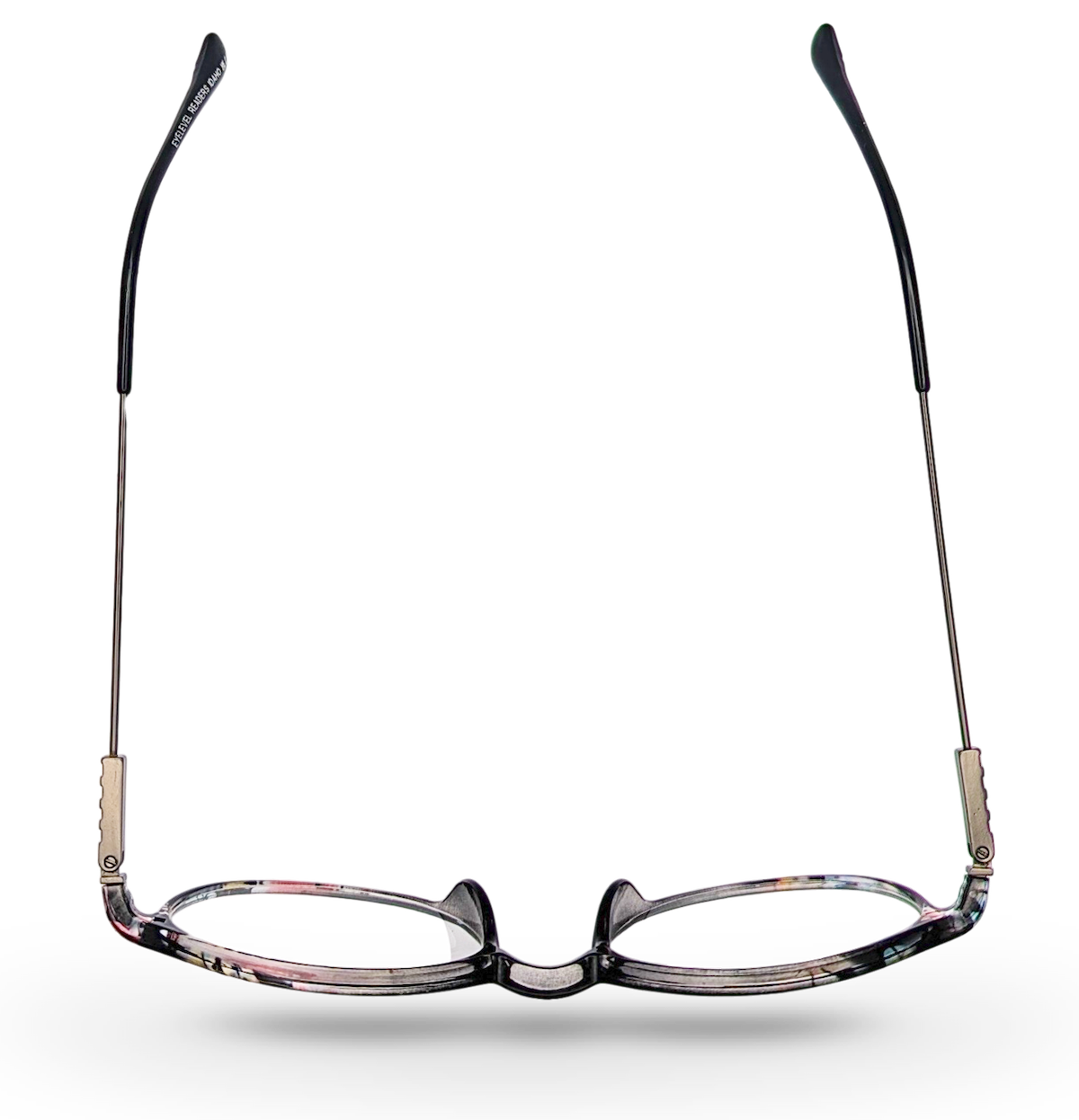 Eyelevel-UK Idaho reading glasses with silver oval metal frames and clear magnifying lenses, top-down view.