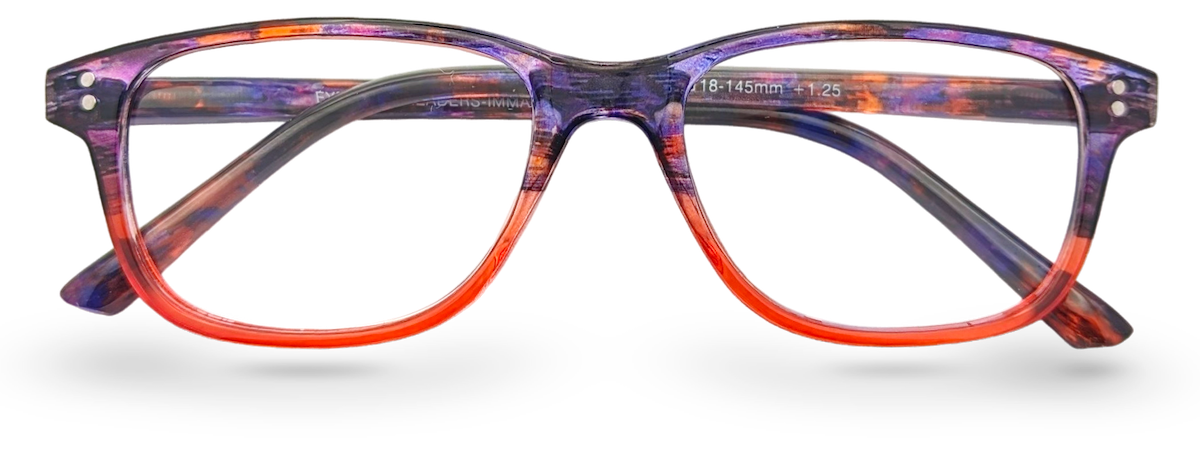 Eyelevel-UK Immaculate reading glasses with a softly squared orange and purple patterned plastic frame