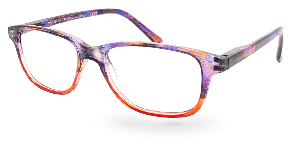 Eyelevel-UK Immaculate reading glasses with a colourful orange and purple rectangular plastic frame.
