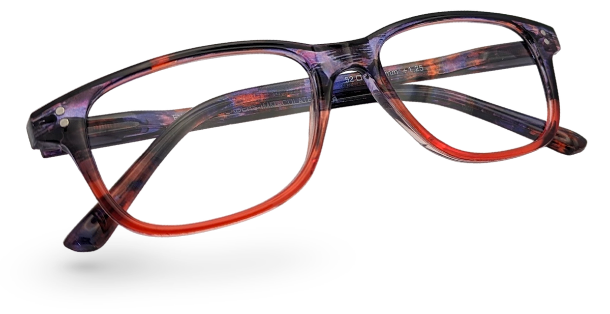 Eyelevel-UK Immaculate reading glasses with a softly squared orange and purple patterned plastic frame.