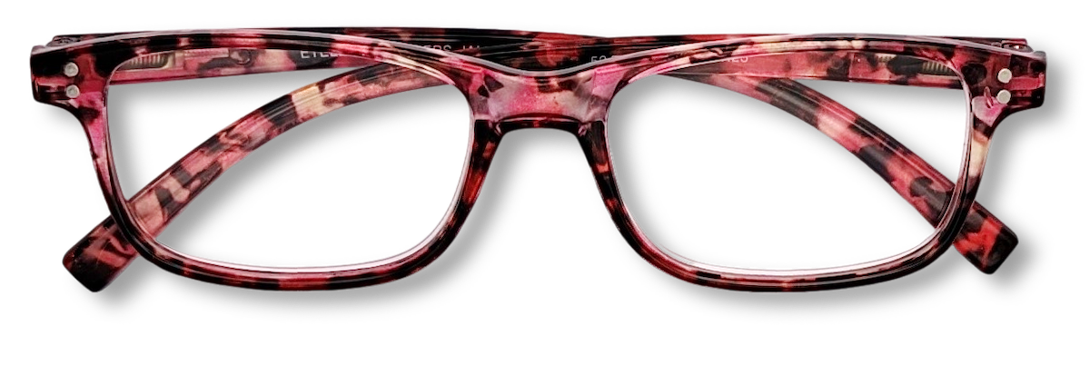 Eyelevel-UK Jamaica reading glasses featuring a pink and multicolour square plastic frame with clear magnifying lenses.