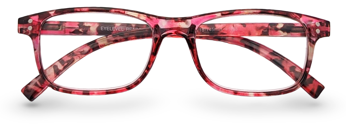 Eyelevel-UK Jamaica reading glasses featuring a pink and multicolour square plastic frame with clear lenses.