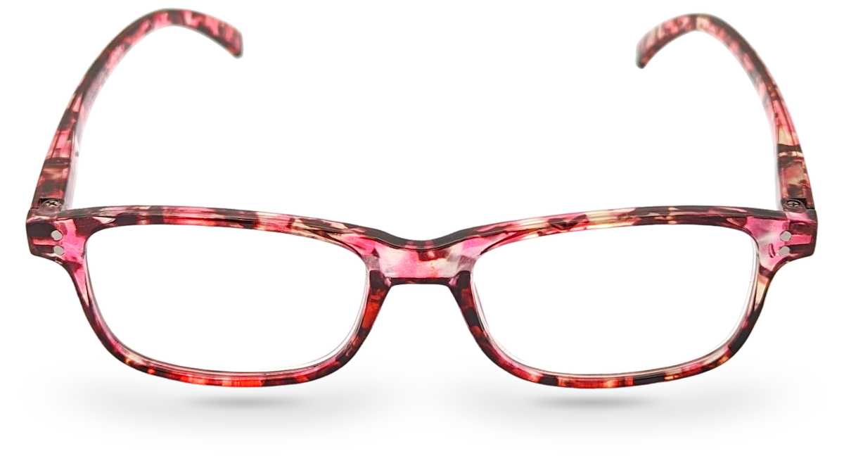Eyelevel-UK Jamaica square reading glasses with a pink and multicolour patterned plastic frame