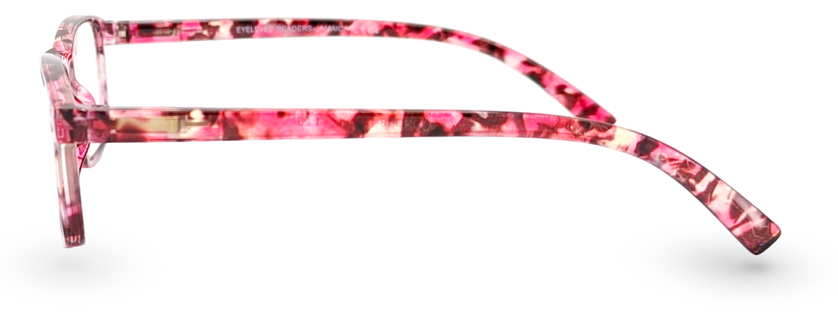 Eyelevel-UK Jamaica reading glasses with a pink and multicolour square plastic frame in a side profile view.