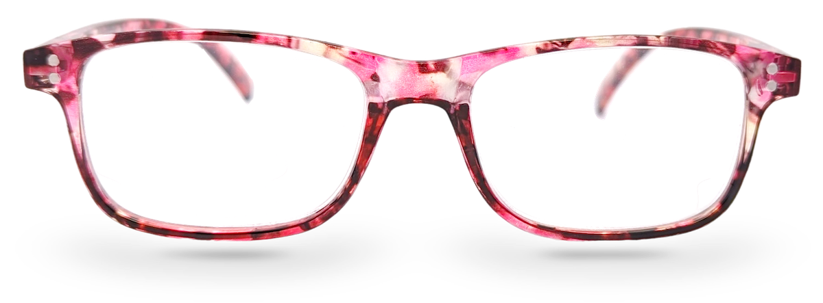 Eyelevel-UK Jamaica square reading glasses with a pink and multicolour patterned plastic frame