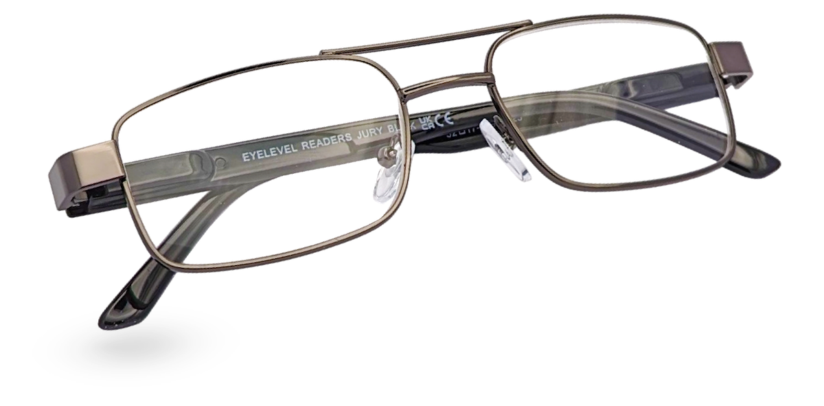 Eyelevel-UK Jury black rectangular reading glasses with a semi-rimless grey frame and clear magnifying lenses.