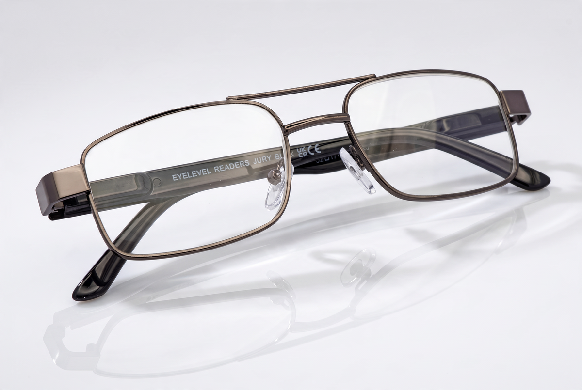 Eyelevel-UK Jury Black reading glasses with a grey rectangular semi-rimless frame and clear magnifying lenses.