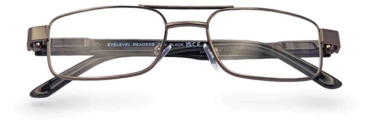 Eyelevel-UK Jury Black rectangular reading glasses with a grey semi-rimless frame and clear magnifying lenses.